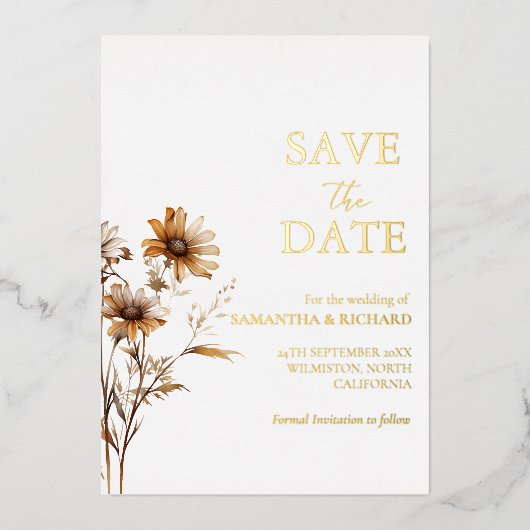 Whimsical boho wildflower bruiloft bespaar de datu folie uitnodiging (Voorkant)