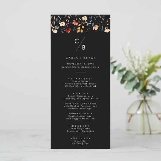 Whimsical Boho Wildflower Monogram Wedding Menu (Staand voorkant)