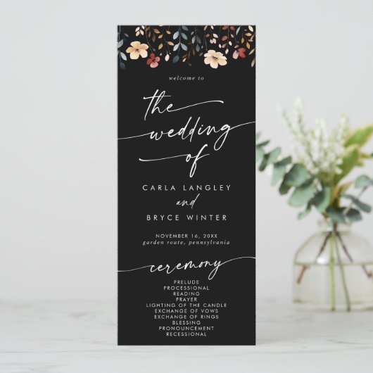 Whimsical Boho Wildflower Tea Length Wedding Programmakaart (Staand voorkant)