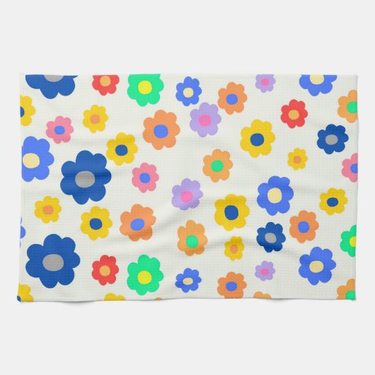Whimsical Bold Kleurrijke Bloemen Retro Vrolijk Theedoek (Horizontaal)