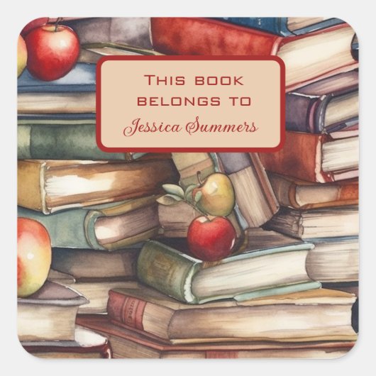 Whimsical Book and Apple Lovers Book Name Bord Vierkante Sticker (Voorkant)