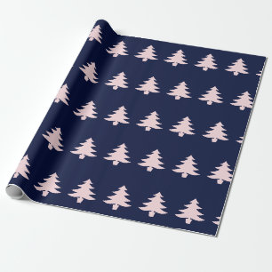 Whimsical Bord Roze Kerstbomen op Donkerblauw Cadeaupapier