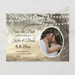 Whimsical bos and string light Save the Date Aankondigingskaart