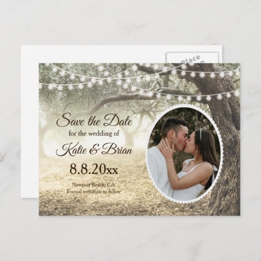 Whimsical bos and string light Save the Date Aankondigingskaart (Voorkant / Achterkant)