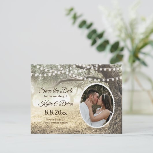 Whimsical bos and string light Save the Date Aankondigingskaart (Staand voorkant)