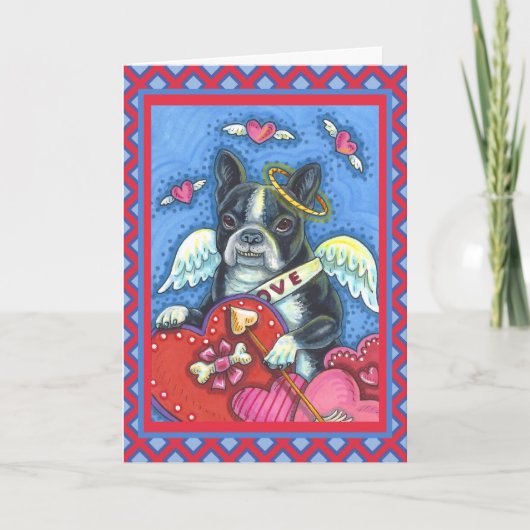 WHIMSICAL BOSTON TERRIER CUPID, CUTE DOG VALENTIJN FEESTDAGEN KAART (Voorkant)