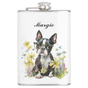 Whimsical Boston Terrier Puppy Dragen Bril Heupfles