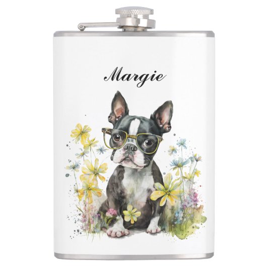 Whimsical Boston Terrier Puppy Dragen Bril Heupfles (Voorkant)