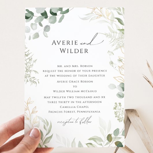 Whimsical Botanical and Gold Traditional Wedding Kaart