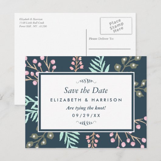 Whimsical Botanical Berry Wedding Save the Date Aankondigingskaart (Voorkant / Achterkant)