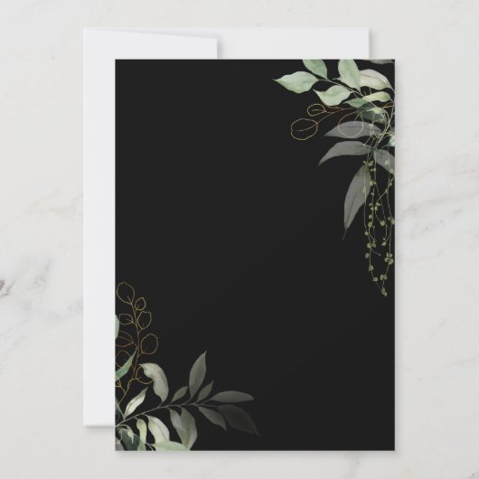 Whimsical Botanical Black and Gold Wedding Kaart (Achterkant)