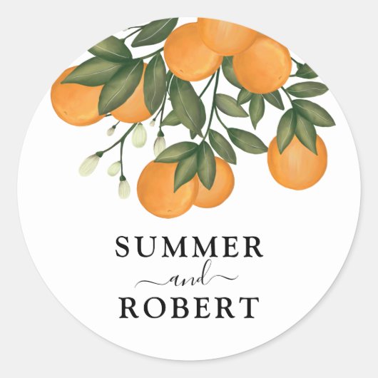 Whimsical Botanical Citrus Oranje Orchard Wedding Ronde Sticker (Voorkant)