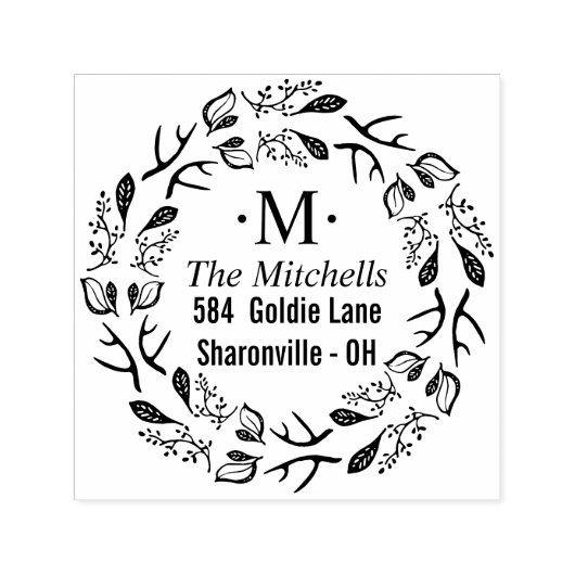 Whimsical Botanical Wreath Monogram adres Zelfinktende Stempel (Design)