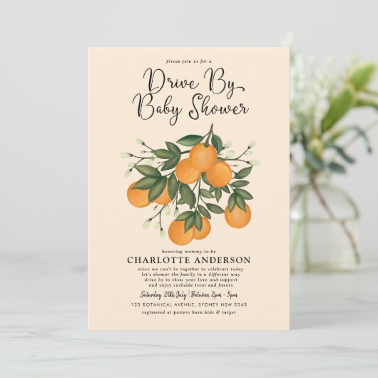 Whimsical Botanische Citrus Drive By Baby Shower Kaart (Staand voorkant)