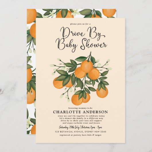 Whimsical Botanische Citrus Drive By Baby Shower Kaart (Voorkant / Achterkant)