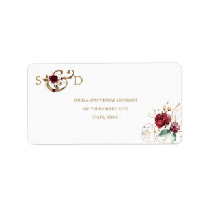 Whimsical Bourgogne Gold Flowers Monogram Weddensc Etiket