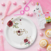 Whimsical Bourgogne Gold Flowers Monogram Weddensc Papieren Bordje (Feest)