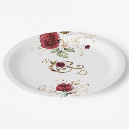 Whimsical Bourgogne Gold Flowers Monogram Weddensc Papieren Bordje (Gekanteld)