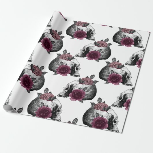 Whimsical Bourgondische Bloemenschedels Gotische B Cadeaupapier (Uitgerold)