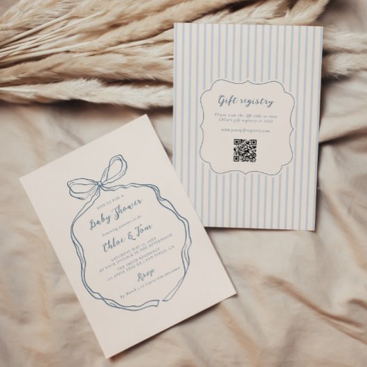 Whimsical Bow Blue Stripes Baby shower Kaart