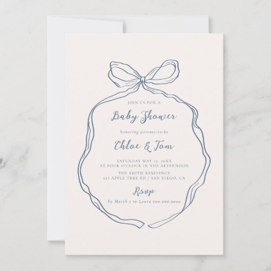 Whimsical Bow Blue Stripes Baby shower Kaart (Voorkant)