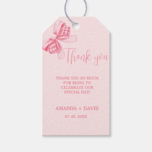 Whimsical Bow Bruiloft Vrijgezellenfeest Dank u Cadeaulabel (Voorkant)