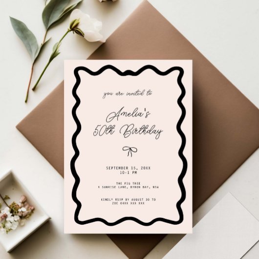 Whimsical Bow cursive border 50th birthday Kaart