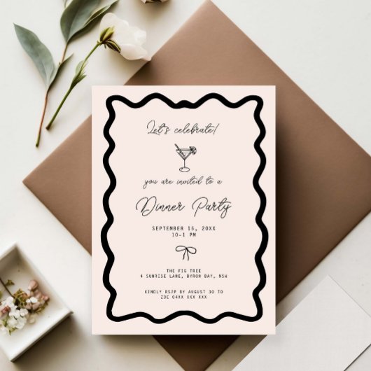 Whimsical Bow Cursive Border Dinner Party Kaart