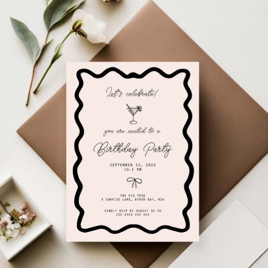 Whimsical Bow cursive border martini birthday  Kaart