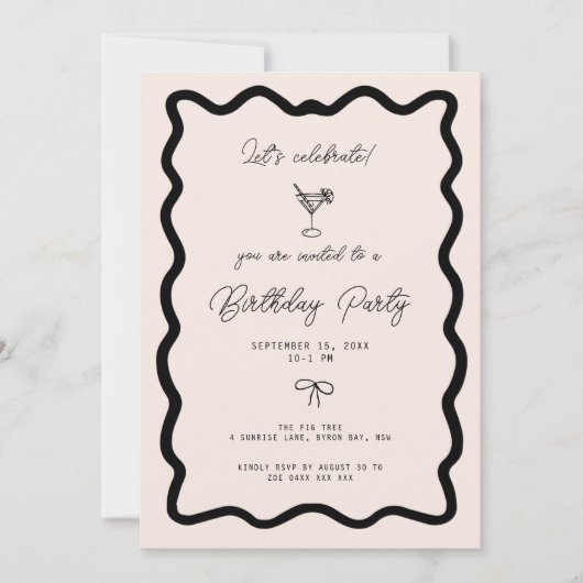 Whimsical Bow cursive border martini birthday  Kaart (Voorkant)