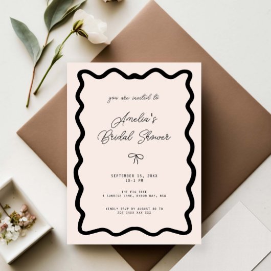 Whimsical Bow cursive border martini bridal shower Kaart
