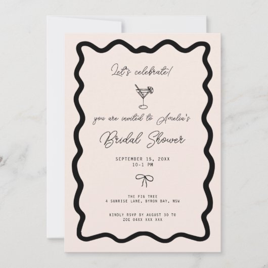 Whimsical Bow cursive border martini bridal shower Kaart (Voorkant)