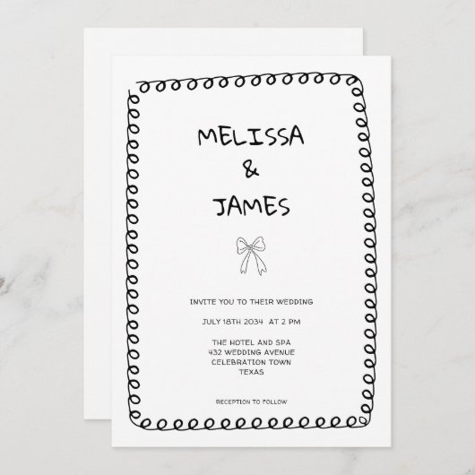 Whimsical Bow Doodle Hand getrokken bruiloft Kaart (Voorkant / Achterkant)