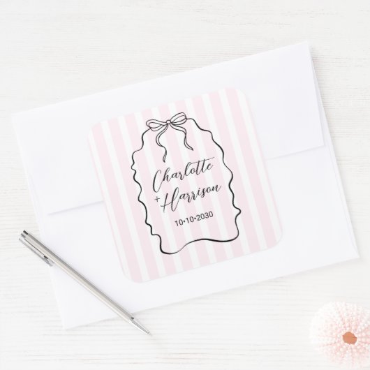 Whimsical Bow Doodle Pinstripe Vierkante Sticker (Envelop)