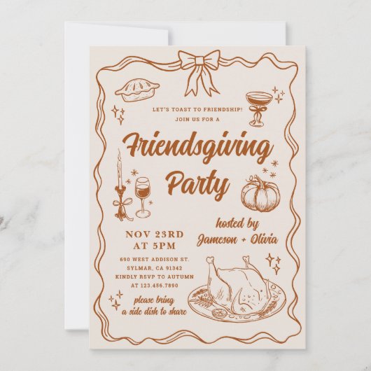 Whimsical Bow Friendsgiving Dinner Party Kaart (Voorkant)