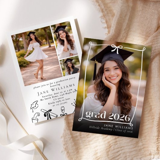 Whimsical Bow Hand drawn Graduation Party Photo Kaart