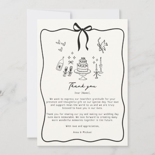 Whimsical Bow, hand getrokken bruiloft bedankkaart Kaart (Voorkant)