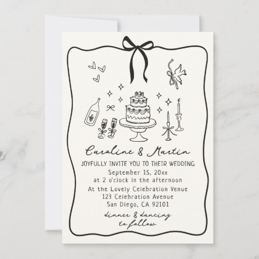 Whimsical Bow, handgetekende huwelijksuitnodiging Kaart (Voorkant)