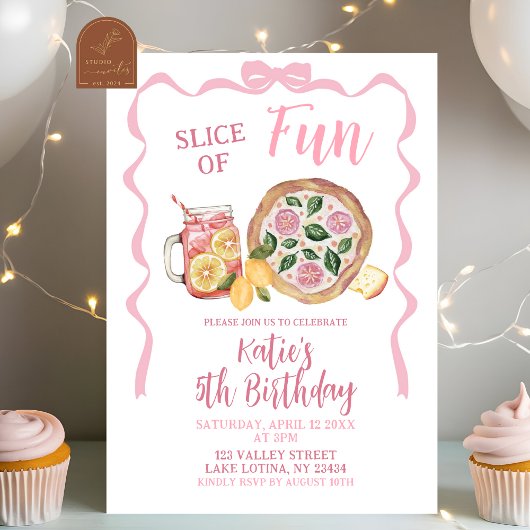 Whimsical Bow Lemonade and Pizza Girl Birthday Kaart