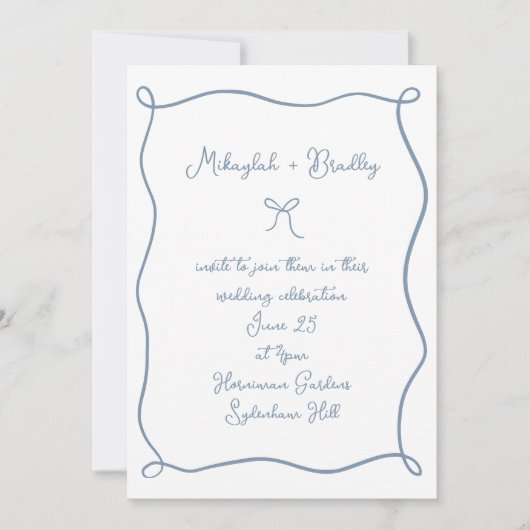 Whimsical Bow & Lint Stoffig Blauw Bruiloft Kaart (Voorkant)