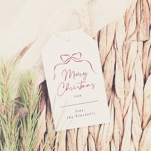 Whimsical Bow Merry Christmas familienaam Elegant Cadeaulabel
