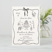 Whimsical Bow, met de hand getekende bruiloft save Kaart (Staand voorkant)