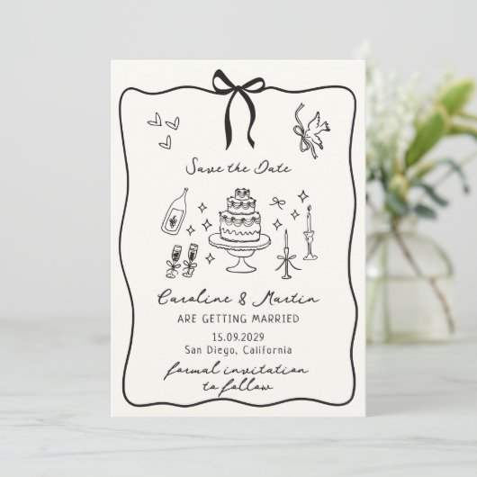 Whimsical Bow, met de hand getekende bruiloft save Kaart (Staand voorkant)