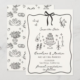 Whimsical Bow, met de hand getekende bruiloft save Kaart