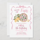 Whimsical Bow Pizza Girl Birthday Party Invitation Kaart (Voorkant)