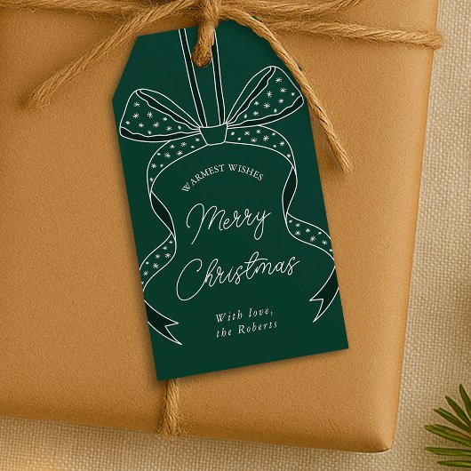 Whimsical Bow & Ribbon Donkergroen Vrolijk Kerstfe Cadeaulabel