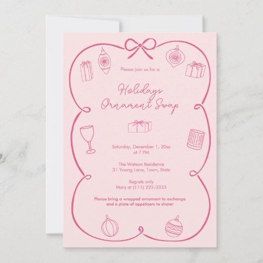 Whimsical Bow Roze Feestdagen Ornament Swap Party Kaart (Voorkant)