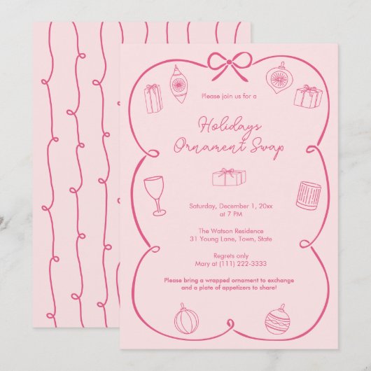 Whimsical Bow Roze Feestdagen Ornament Swap Party Kaart (Voorkant / Achterkant)