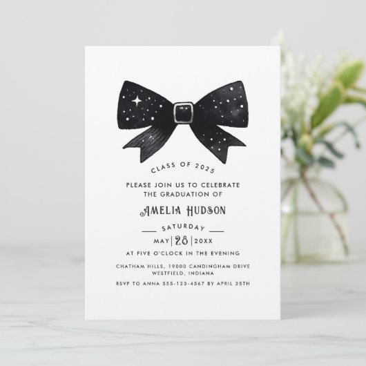 Whimsical Bow Silver Shimmer Afstudeerfeest Kaart (Staand voorkant)