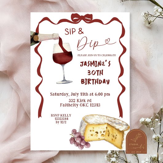 Whimsical Bow Wine Sip en Dip verjaardagsuitnodigi Kaart